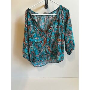 Ariat Women's Paisley Print 3/4 Sleeve V Neck Blouse Top Sz M